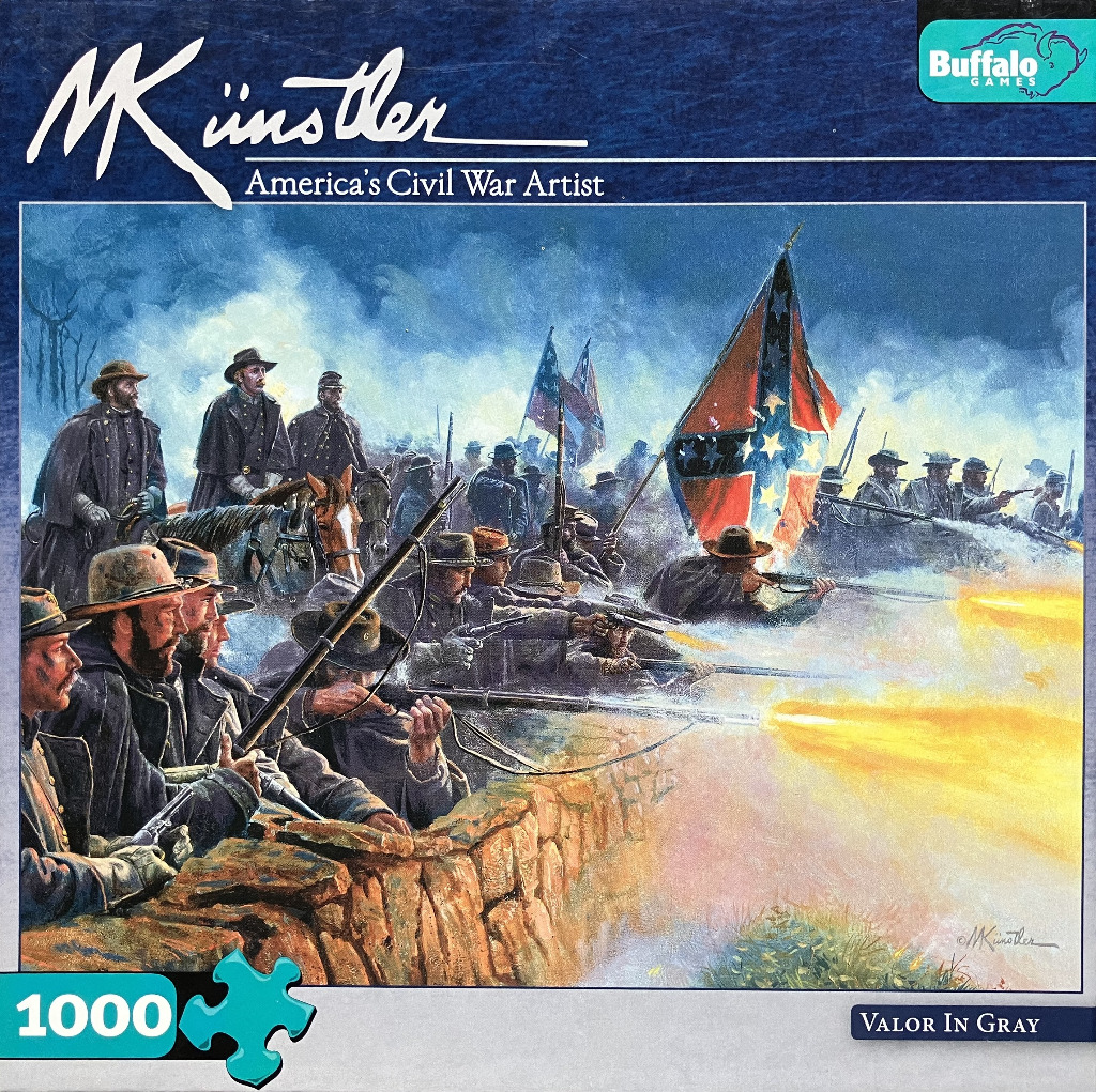 Oil painting of Confederate soldiers in the heat of battle behind a stone wall with a prominent battle flag.