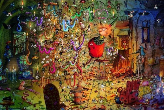 Whimsical, cluttered room with a strange tree covered in eyeballs and serpents, centered on a lady with orange hair.