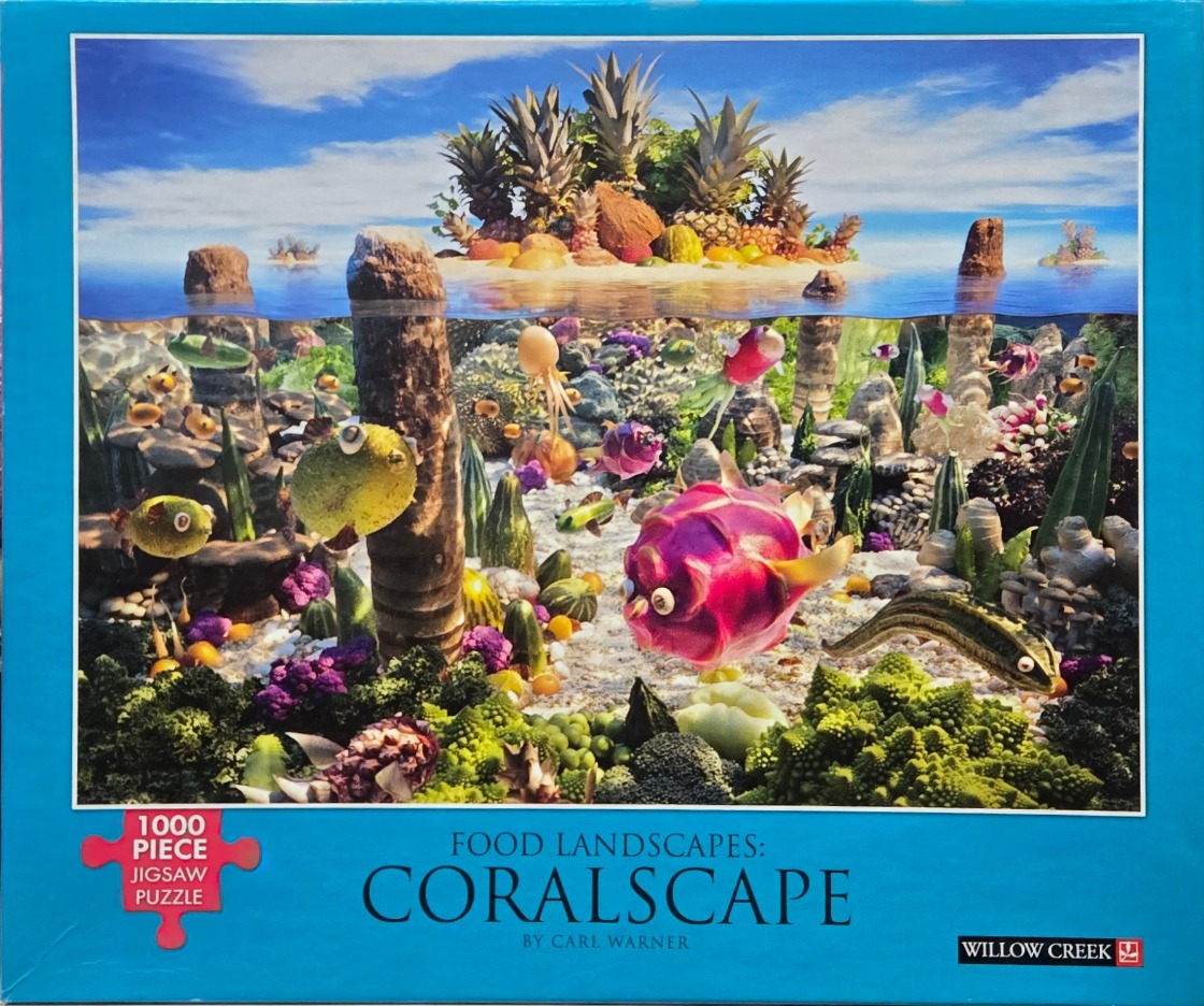 A whimsical underwater coral reef scene constructed entirely from fruits, vegetables, and food items.