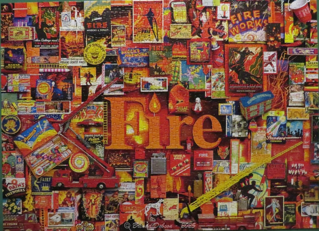 A vibrant collage of vintage fire-themed posters, advertisements, and firefighting imagery in shades of orange and red.