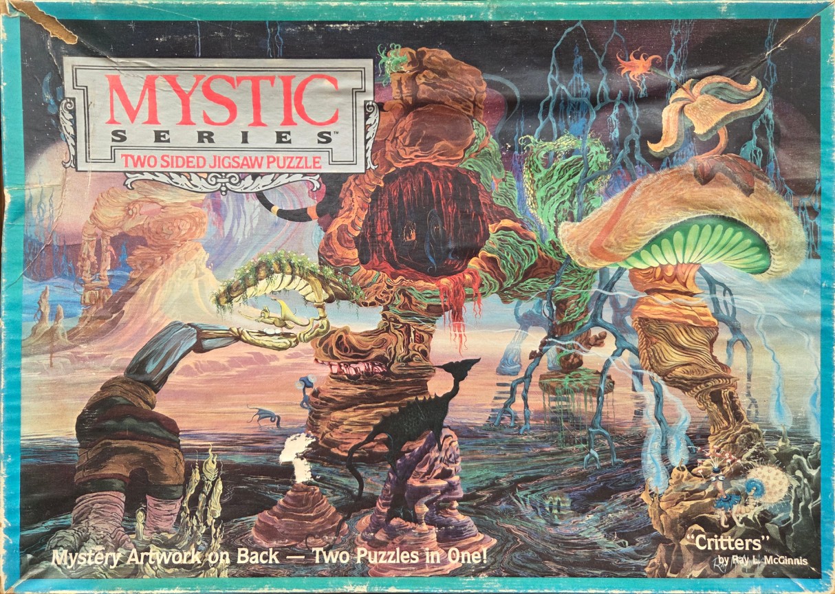 Surreal fantasy landscape with alien mushrooms, strange creatures, and a glowing, otherworldly environment.