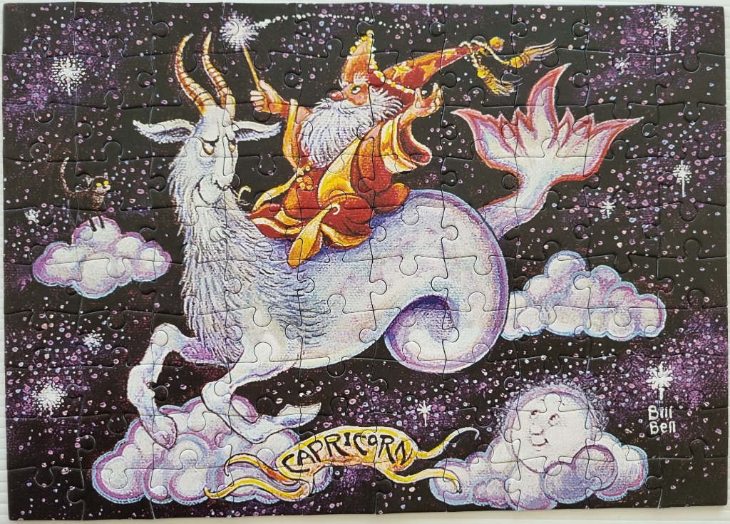 A whimsical illustration of the Capricorn zodiac symbol featuring a wizard riding a sea-goat against a starry sky.