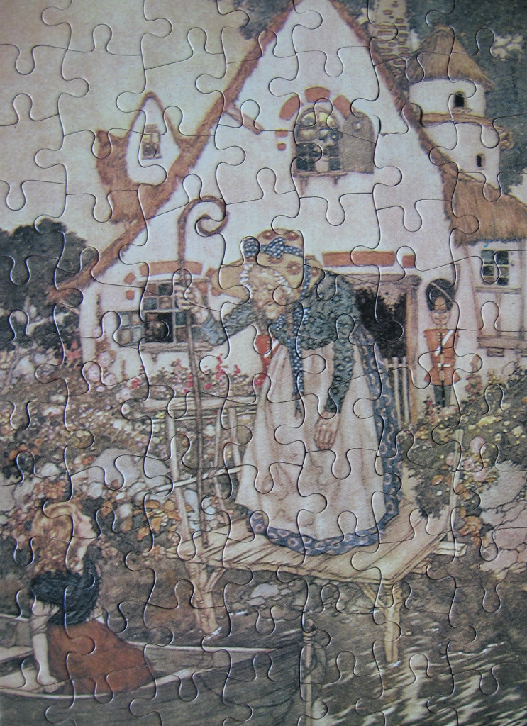 A vintage-style illustration of an elderly woman with a staff standing on a dock by a cottage as a girl rows a boat.