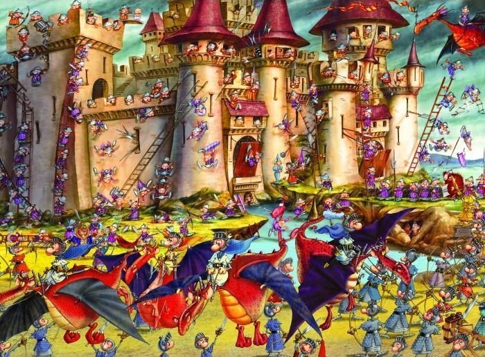 A chaotic fantasy scene of a medieval castle under siege by cartoon warriors and dragons.