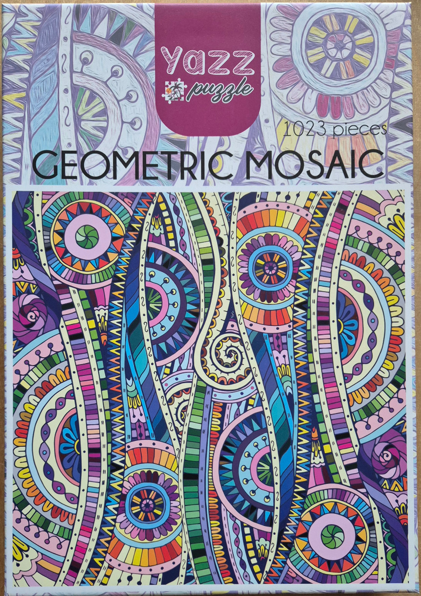 A colorful geometric abstract pattern featuring swirling curves, circular motifs, and intricate, kaleidoscopic segments.