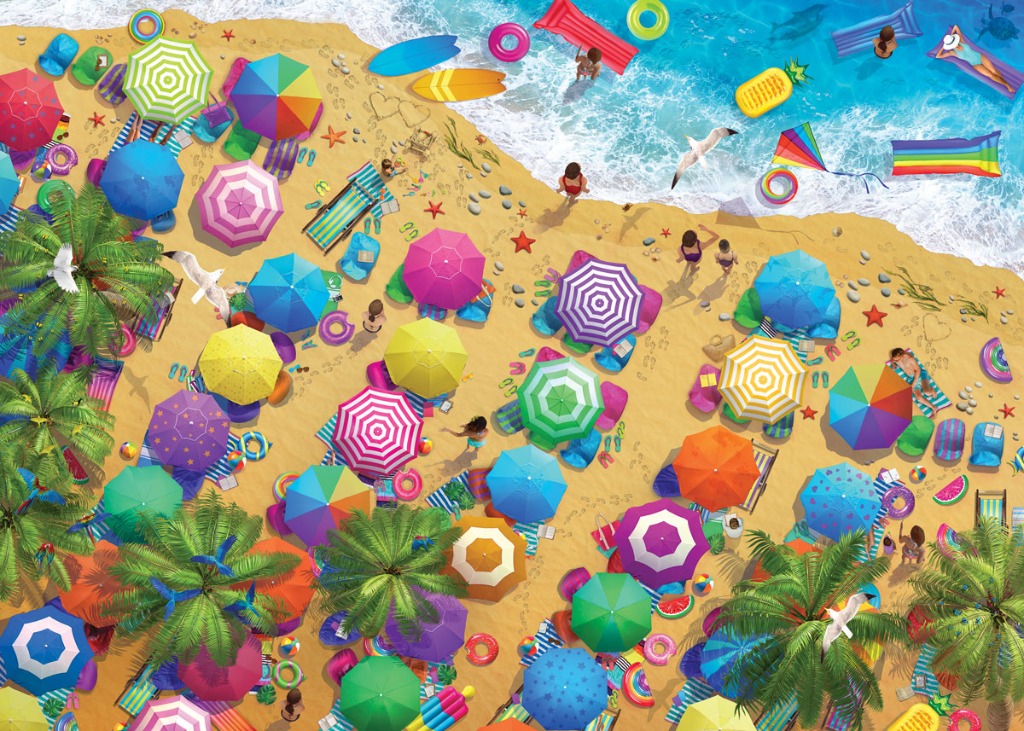 Aerial view of a crowded, sun-drenched beach filled with colorful umbrellas, palm trees, and beachgoers in the water.