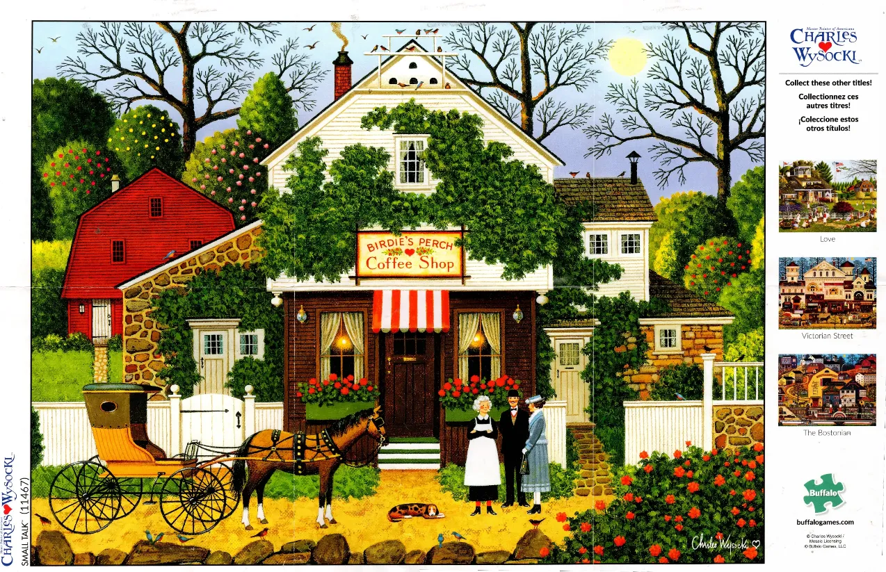 A folk-art style painting of a rustic coffee shop with a horse-drawn carriage and three figures standing outside.
