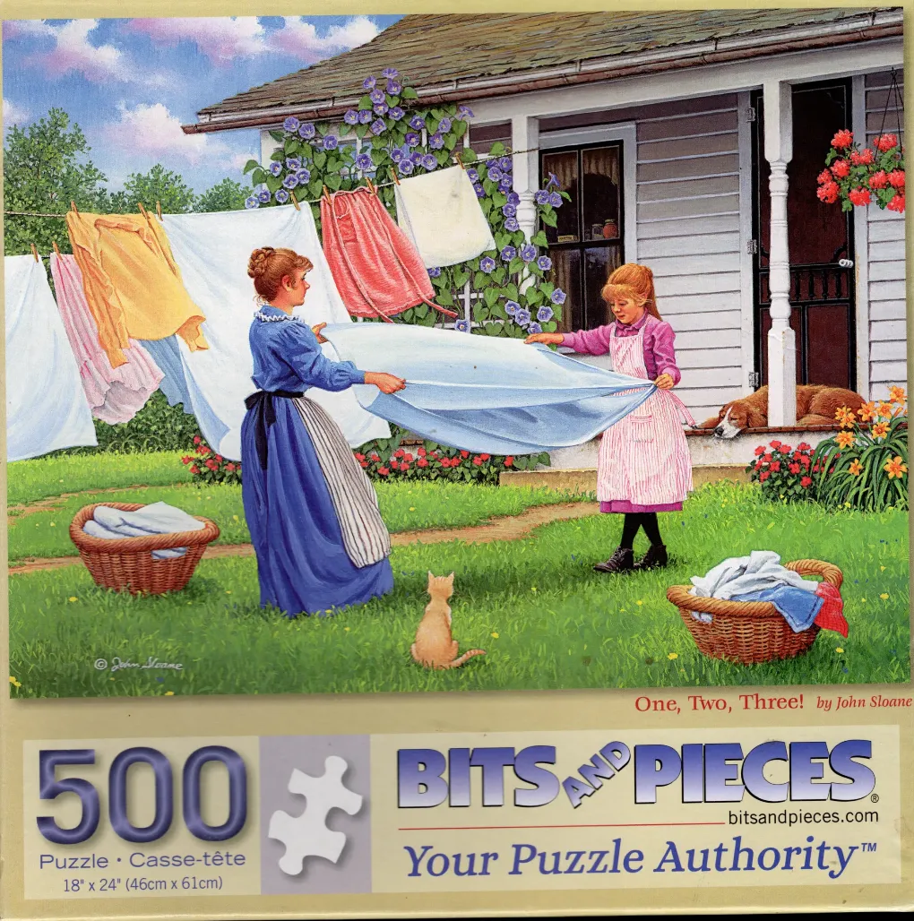 A woman and a girl hanging laundry on a clothesline in a sunny backyard with cats and a dog.