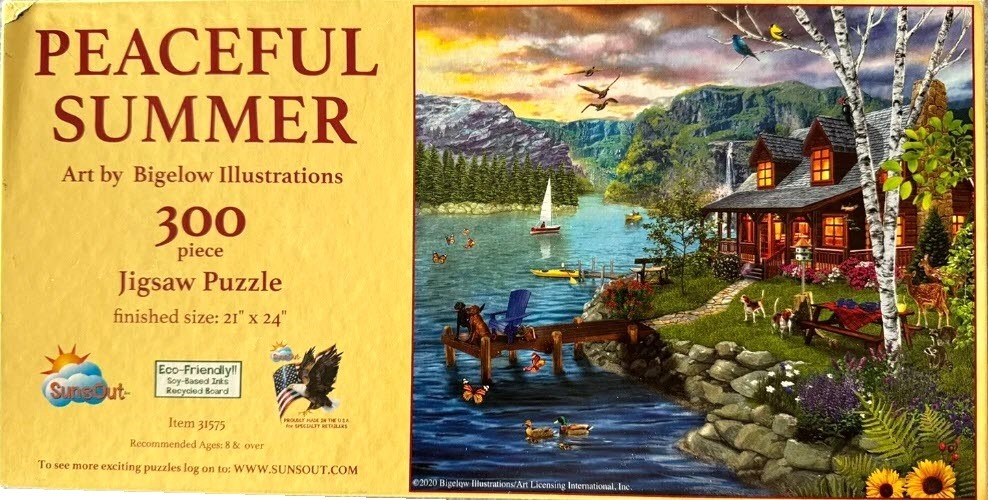 A peaceful lakeside cabin scene at sunset with dogs, deer, and butterflies.