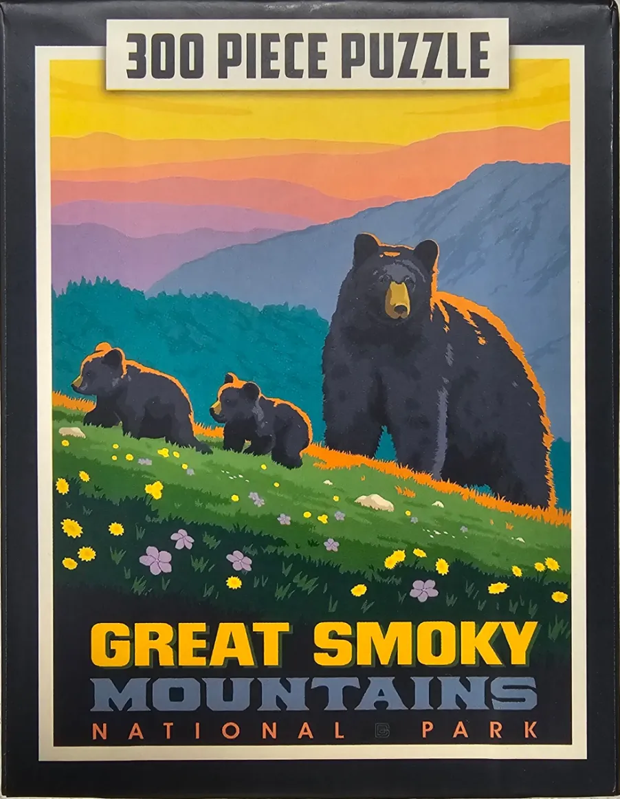 Vintage style travel poster of a mother black bear and two cubs in the Great Smoky Mountains.