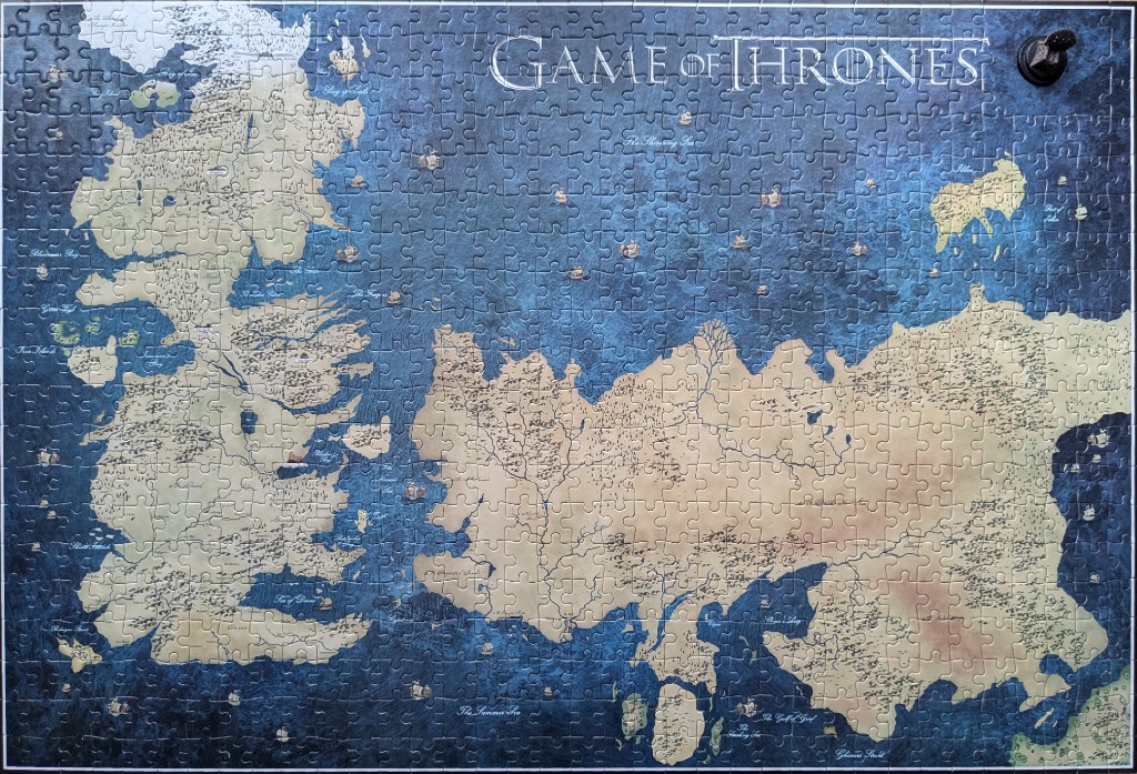 A detailed fantasy world map of Westeros and Essos titled Game of Thrones.