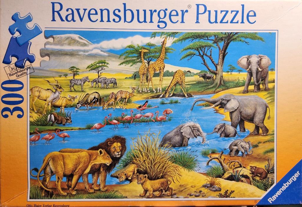 An illustration of African wildlife gathering around a watering hole in a savanna landscape.