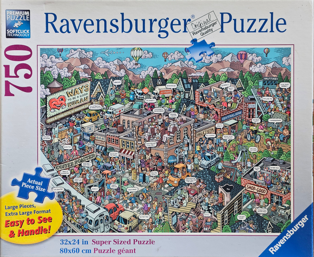A busy cartoon illustration of a town where people are performing various acts of kindness.
