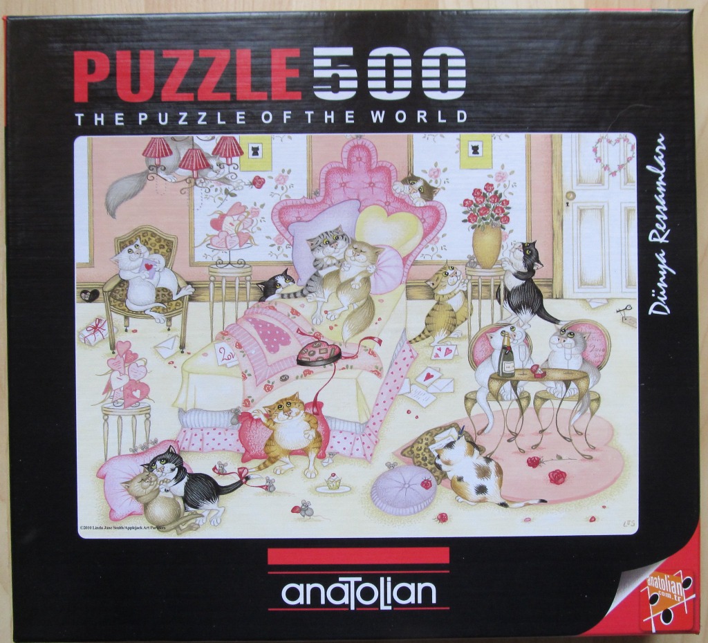 An illustration of many whimsical cartoon cats in a pink-themed bedroom, surrounded by Valentine's Day gifts.