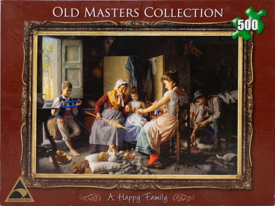 Oil painting of a multigenerational family working together inside a rustic 19th-century home.