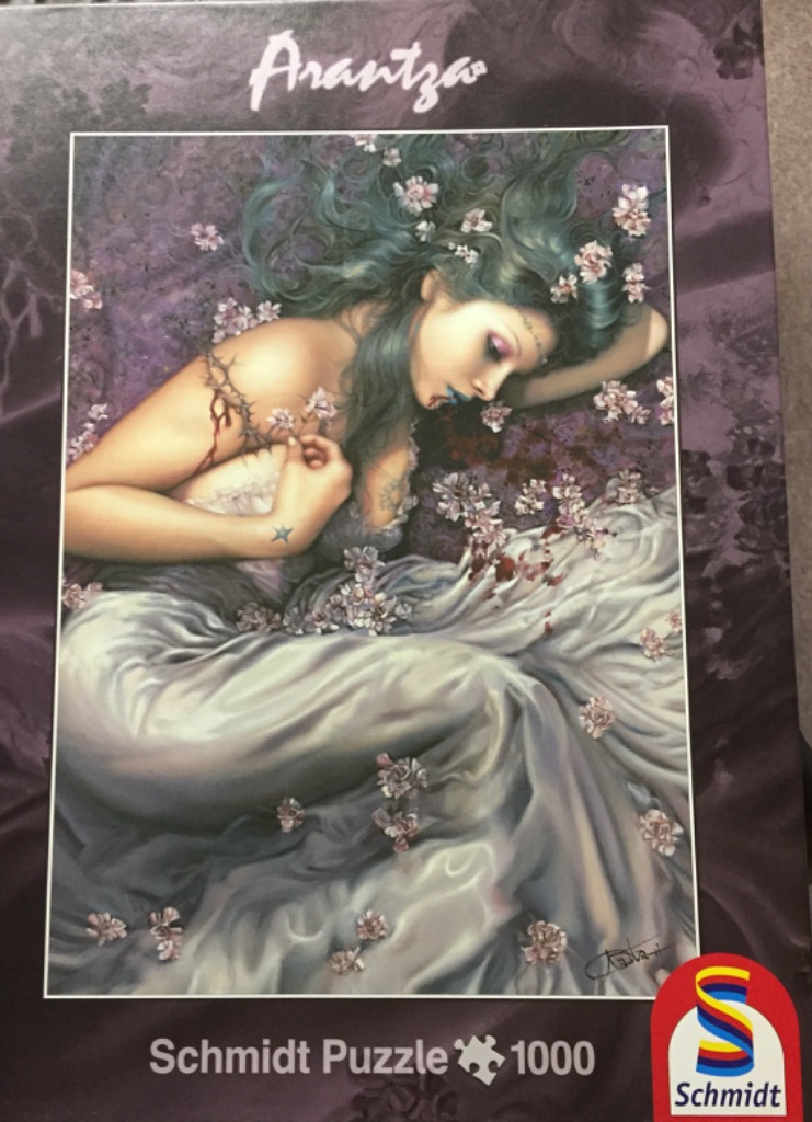 Fantasy illustration of a pale woman lying among white cherry blossoms in a flowing white gown.