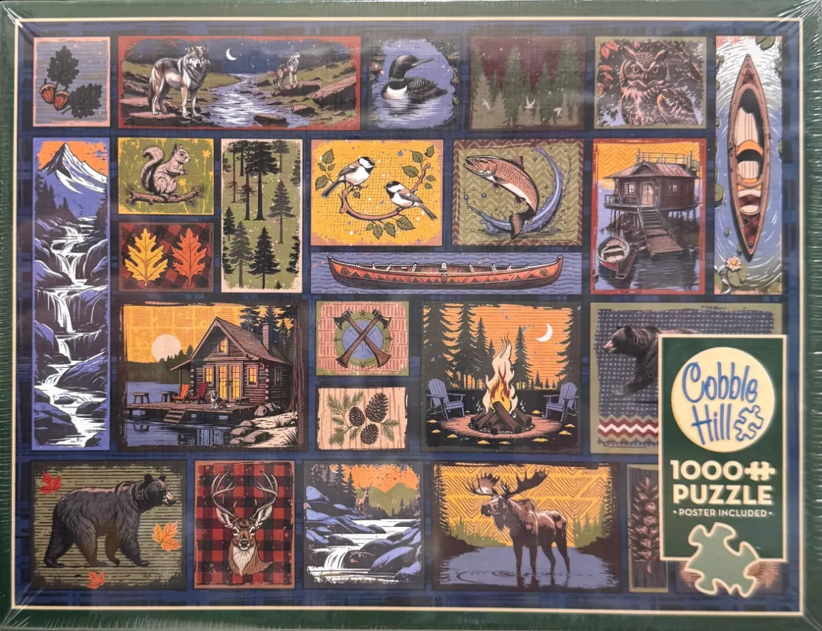 A collage of 20 illustrated nature and wildlife scenes featuring a wolf, a moose, bears, cabins, and forest landscapes.