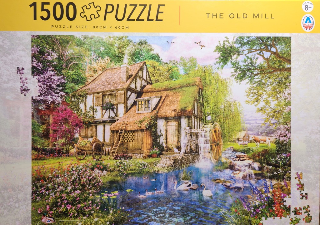 An idyllic countryside scene featuring a timber-framed water mill with a thatched roof, a stream, and swans.