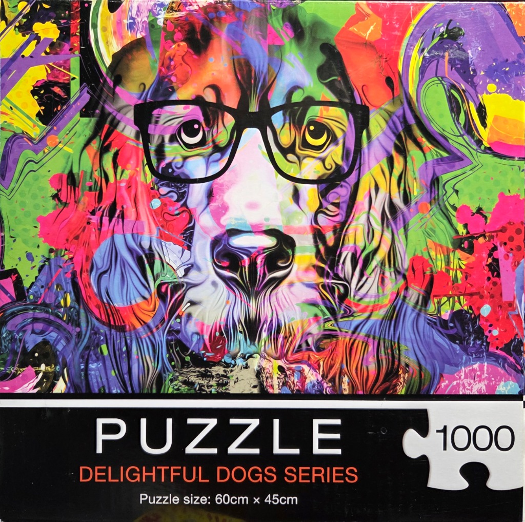 Colorful pop-art style portrait of a dog wearing black framed glasses against an abstract, vibrant background.