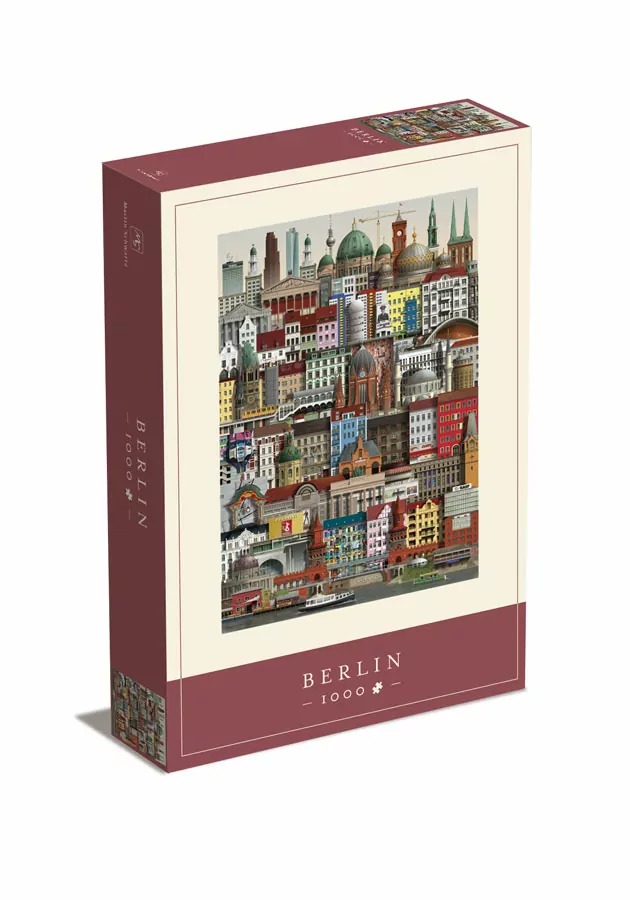 An illustration of Berlin's architecture densely packed into a vertical cityscape.