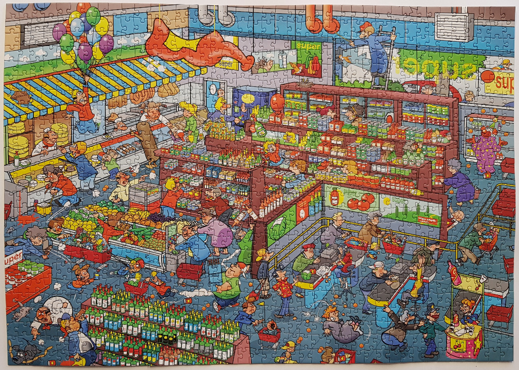 A chaotic, humorous cartoon illustration of a bustling supermarket filled with many busy shoppers and overflowing aisles.