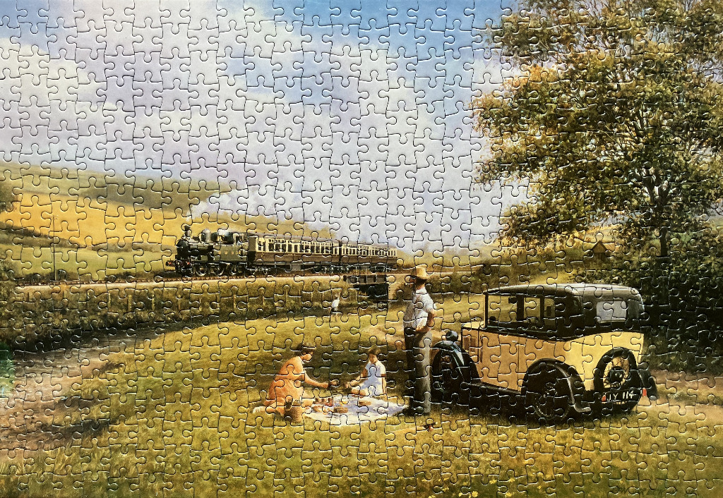 A nostalgic painting of a family having a picnic by a stream with a vintage car and a steam train in the background.