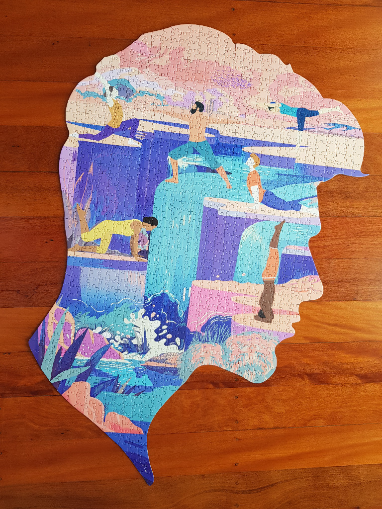 A silhouette of a person's head and shoulders filled with an illustration of people practicing yoga by a waterfall.