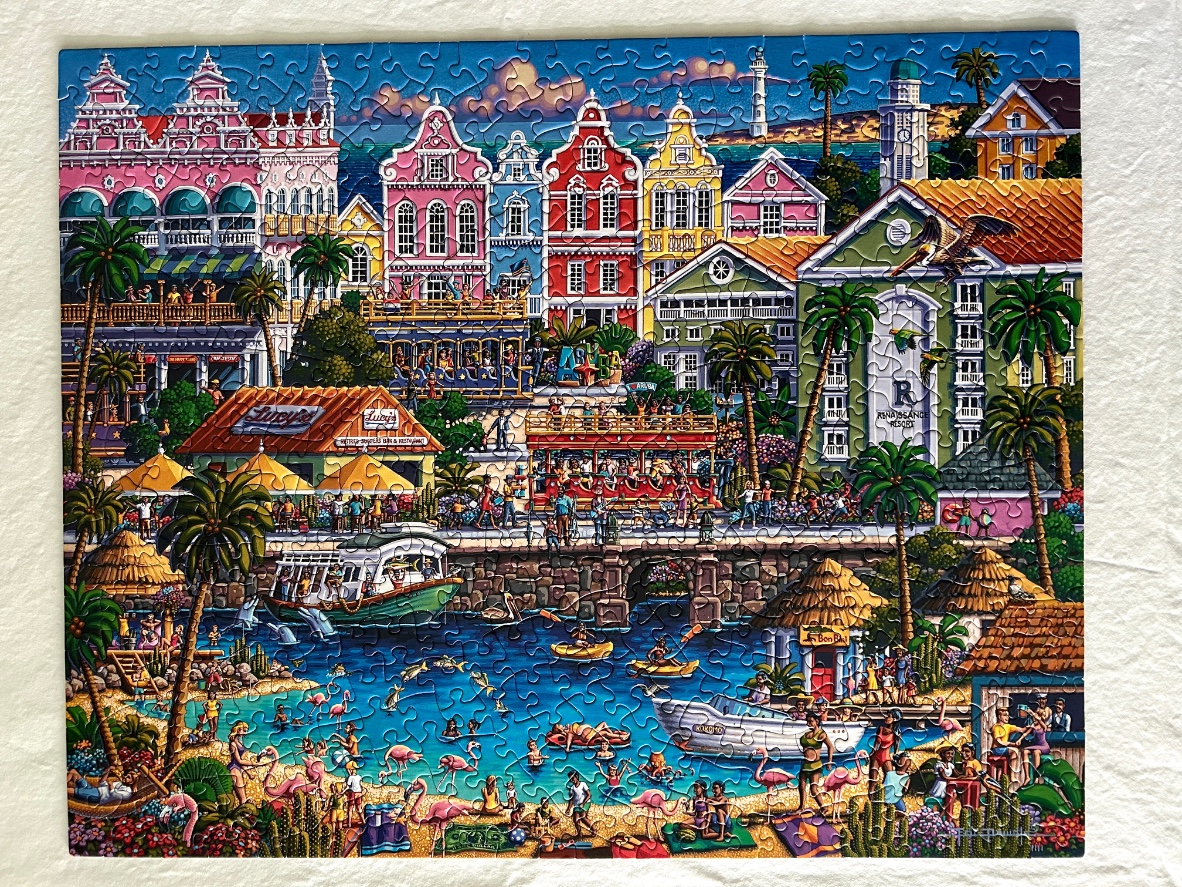 A whimsical illustration of a bustling, colorful Caribbean waterfront resort with a beach and vibrant colonial architecture.