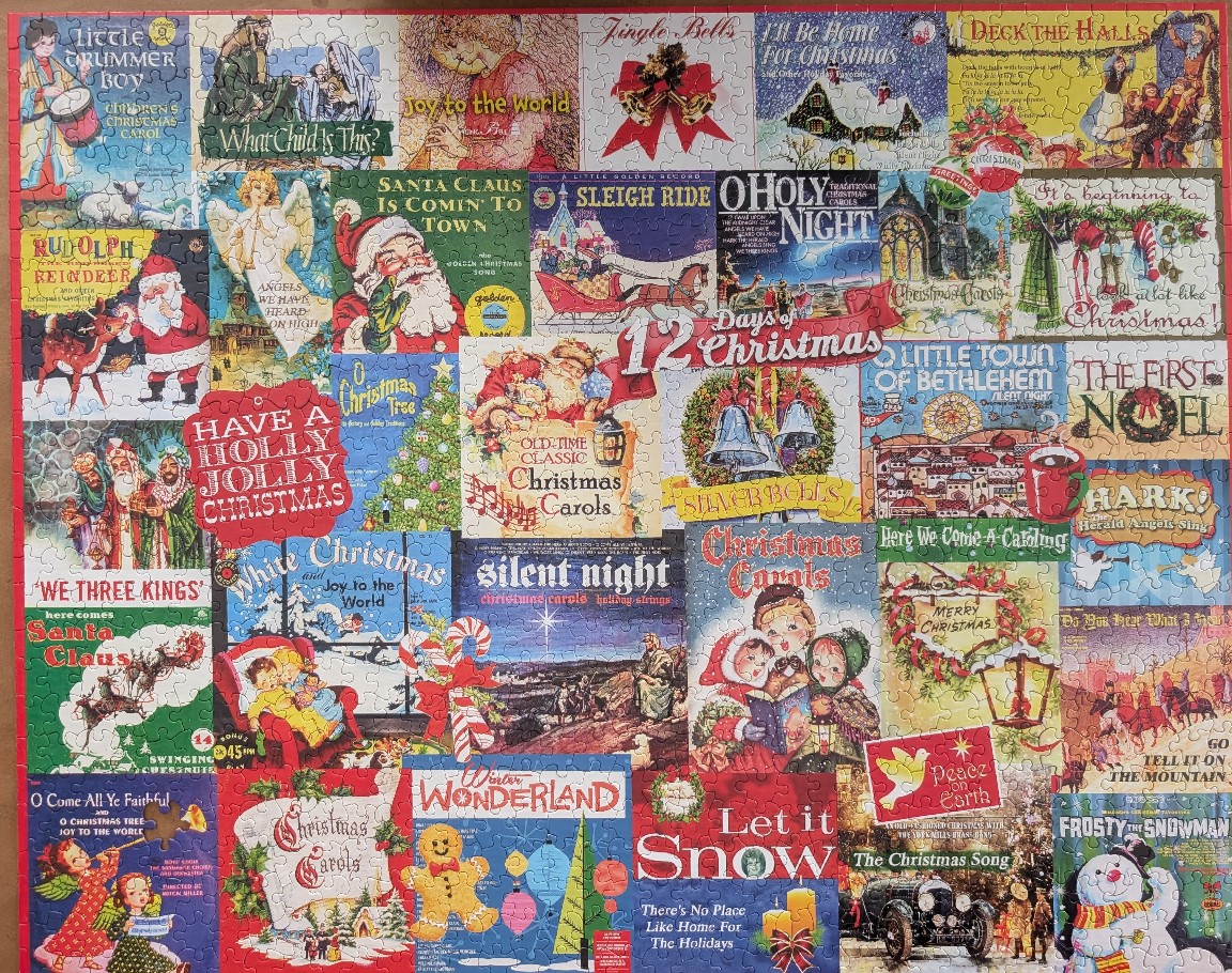 A collage of vintage Christmas song sheet music covers and holiday illustrations.