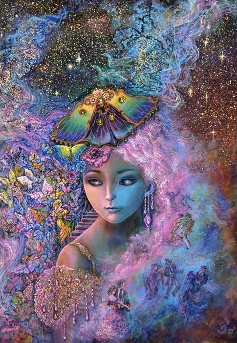 A whimsical illustration featuring a young woman with pink hair, a butterfly headpiece, and a starry, dreamlike background.