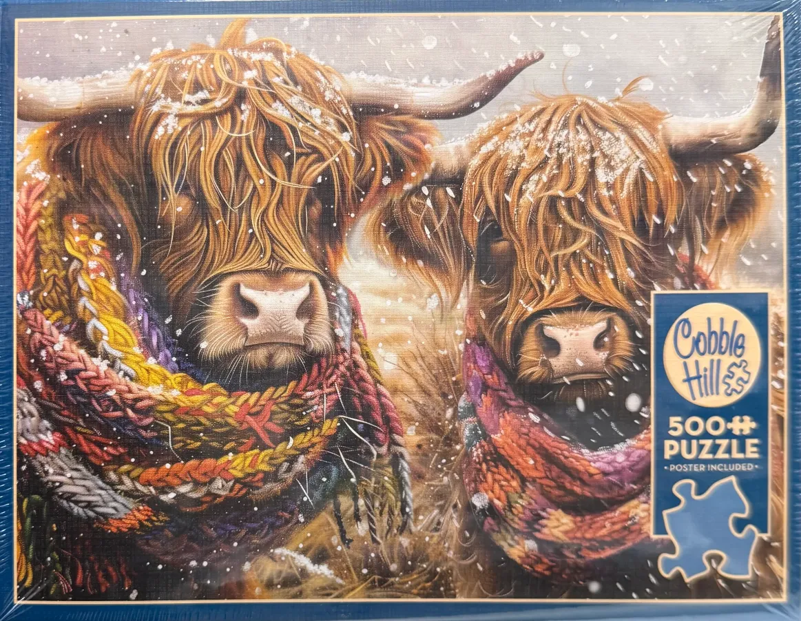 Two Highland cattle wearing colorful knitted scarves standing in the snow.