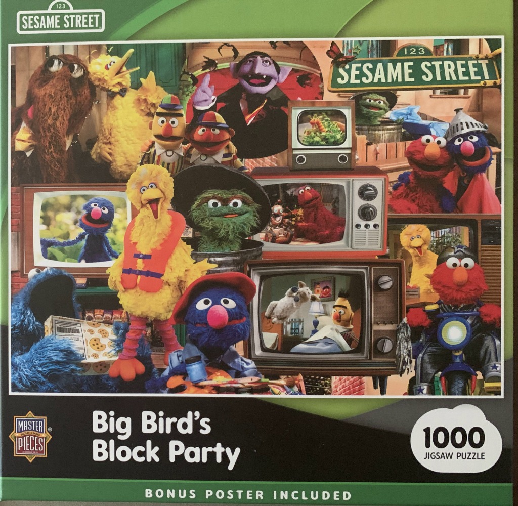 Collage of various Sesame Street characters appearing on and around vintage television sets.