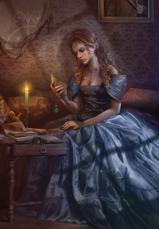 A Victorian woman in a blue gown sits by candlelight reading a letter in a dimly lit, atmospheric room.