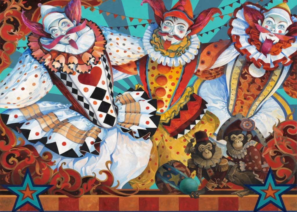 Three theatrical harlequin performers with white face paint and ruffled collars standing behind two monkeys