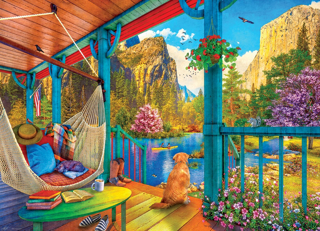 A golden retriever sits on a sunny porch overlooking a mountain river scene with a hammock and spring flowers.