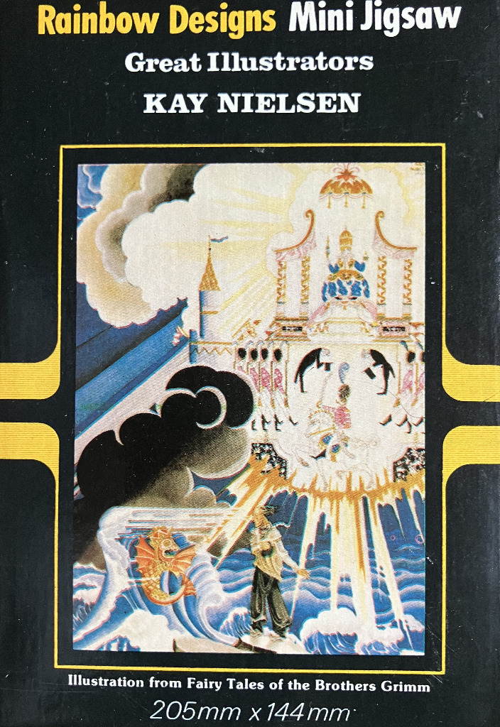 An intricate fantasy illustration by Kay Nielsen depicting a rider approaching a shimmering, ethereal palace.