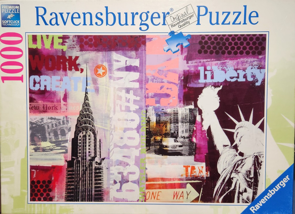 A mixed-media art collage featuring the Chrysler Building, Statue of Liberty, and text overlays in a vibrant urban style.