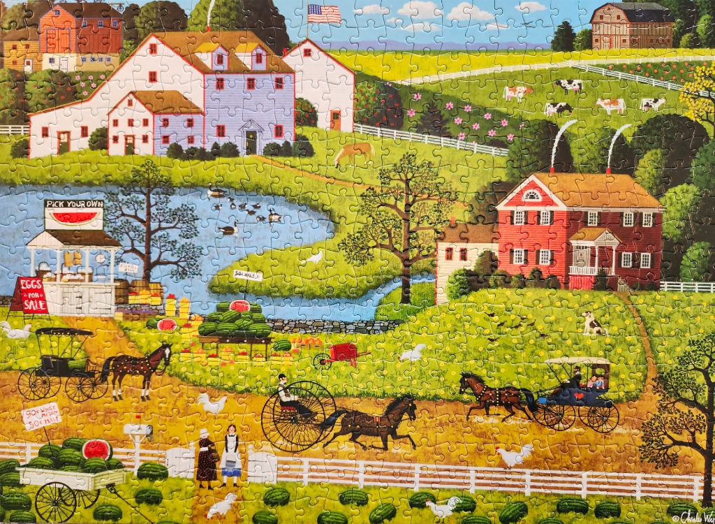 Folk art scene of a rural farm with horses, a watermelon stand, and lush green fields under a blue sky.