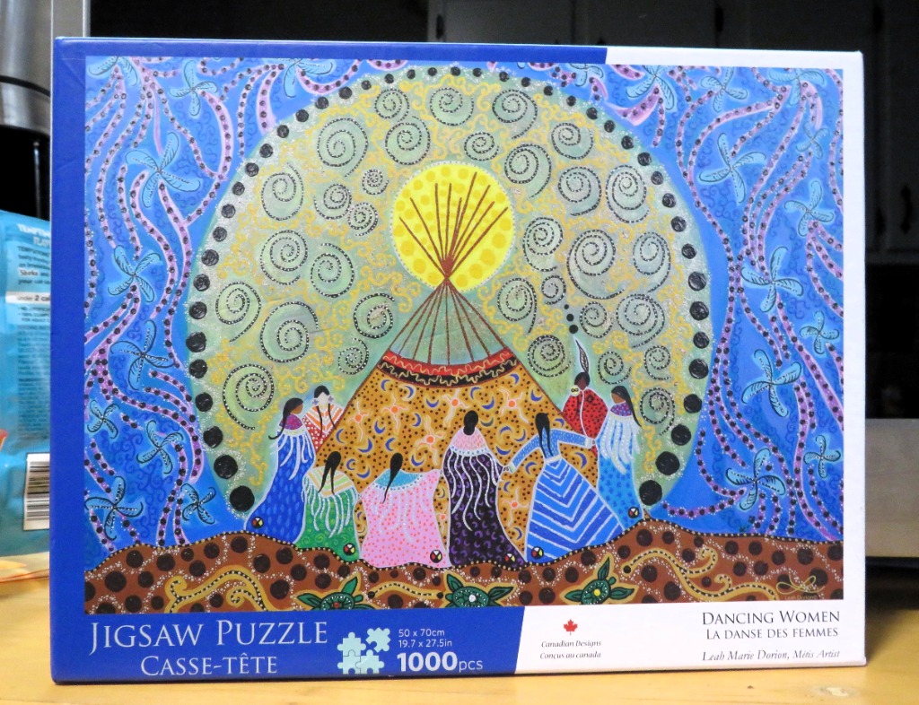 Painting titled Dancing Women by Métis artist Leah Marie Dorion featuring a circle of women around a tipi under a large moon