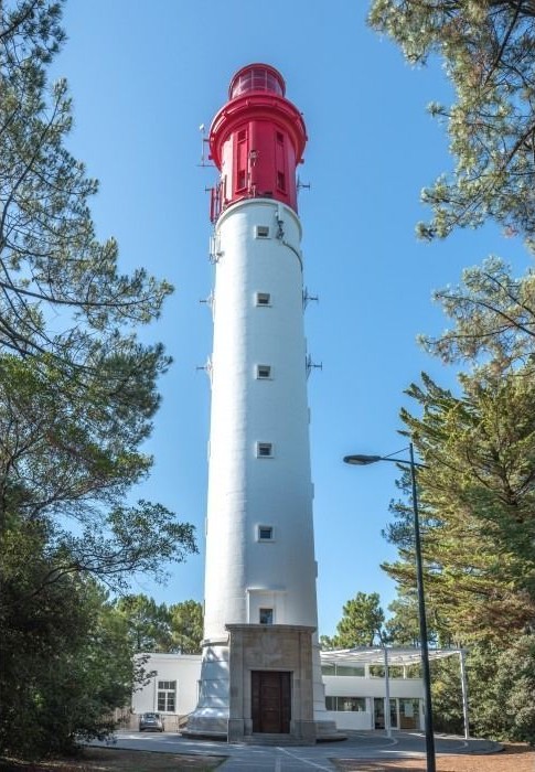A tall, white lighthouse with a bright red top stands framed by trees against a clear blue sky.