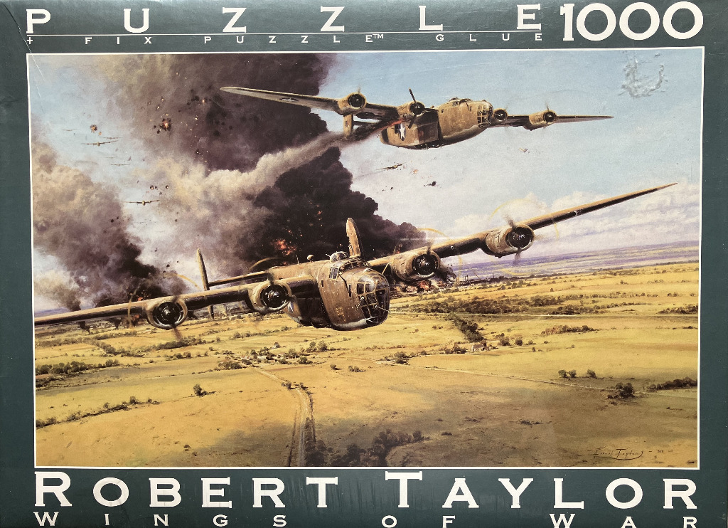 Painting of two B-24 Liberator bombers flying low over a rural landscape during a wartime conflict.