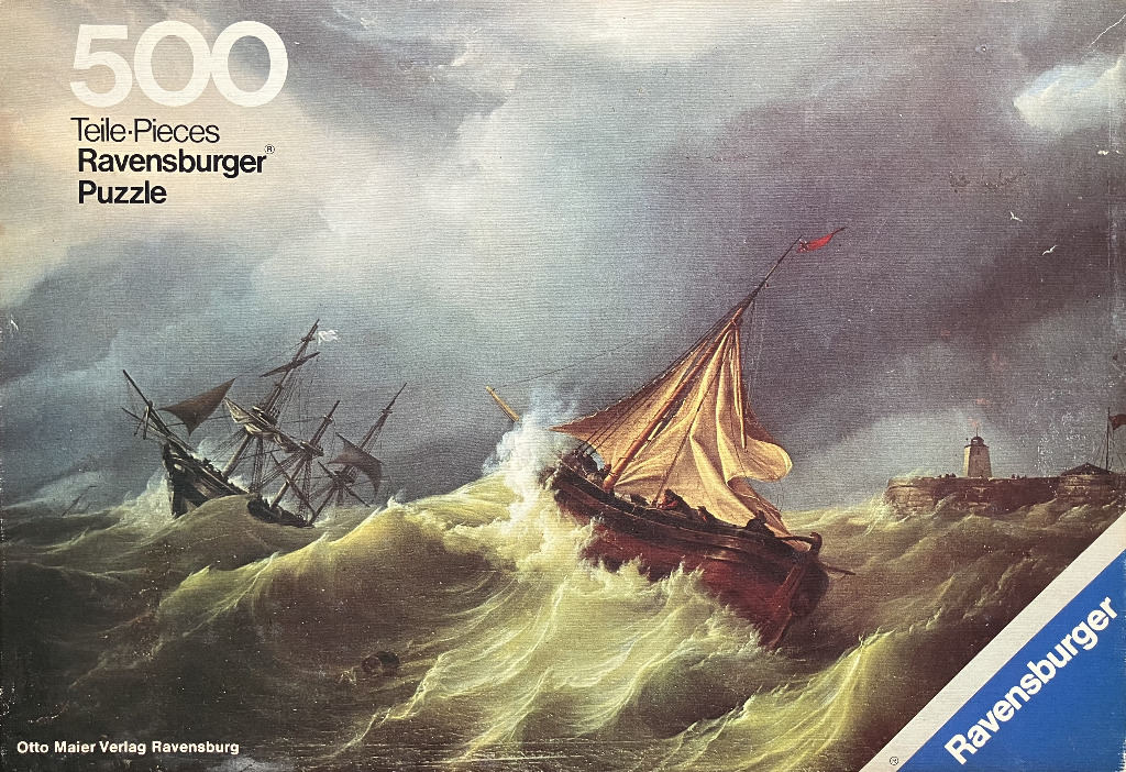 An oil painting of two wooden sailing vessels battling a stormy, turbulent sea near a stone lighthouse.