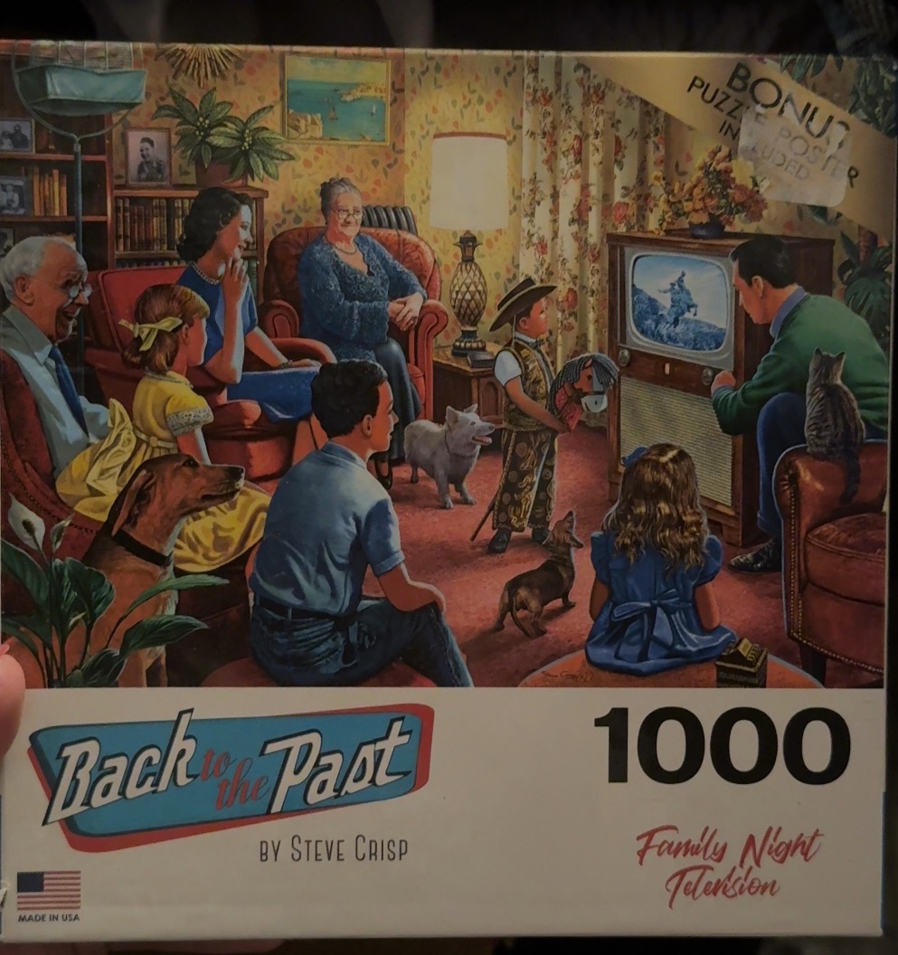 A nostalgic painting of a multi-generational family watching a classic Western on television in their living room.