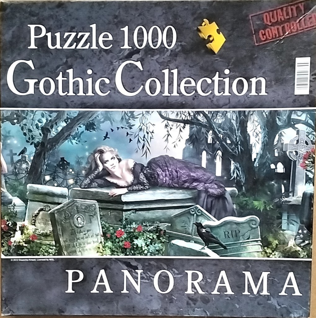 A gothic illustration of a woman in a dark dress reclining on a tombstone in a misty, moonlit graveyard.