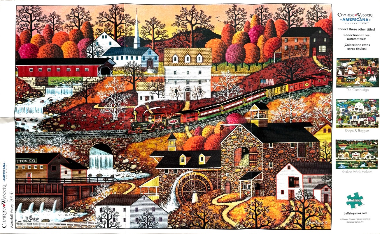 A detailed illustration of a charming autumn town featuring a steam train, water mill, and covered bridge.