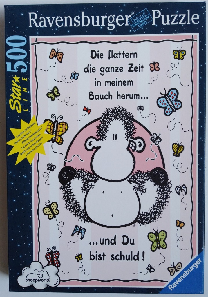 A whimsical cartoon illustration of a fluffy, white sheep surrounded by colorful butterflies and German text.