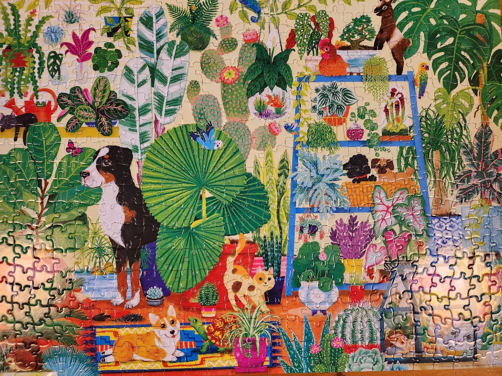 A colourful illustration featuring various house plants and several pets including dogs, a cat, and a bird.