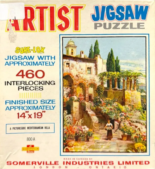 A painting of a Mediterranean villa with stone arches, lush flowers, and a woman walking on a stone pathway.