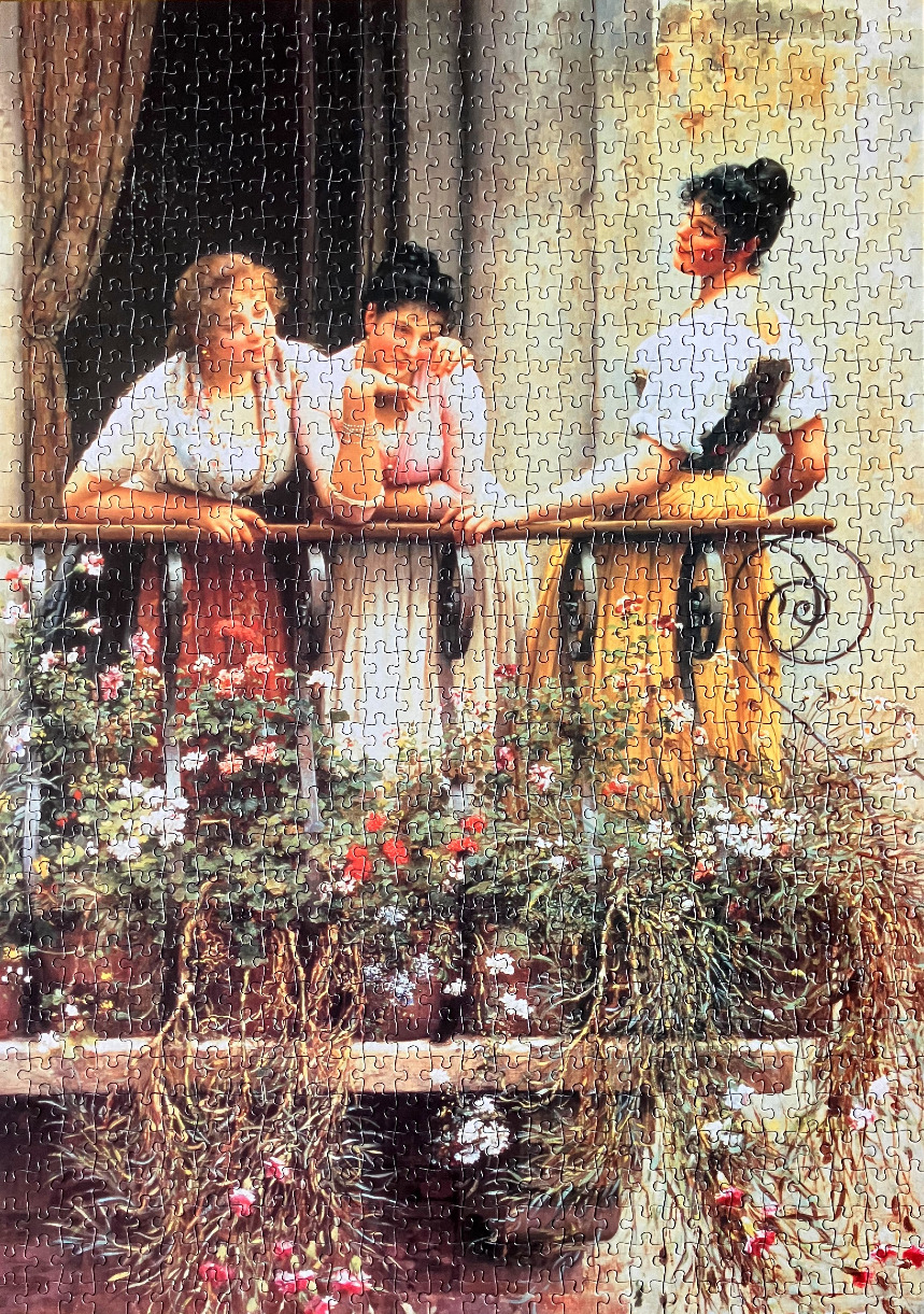 Three women stand on a balcony filled with cascading flowers, depicted in a classic realist painting style.