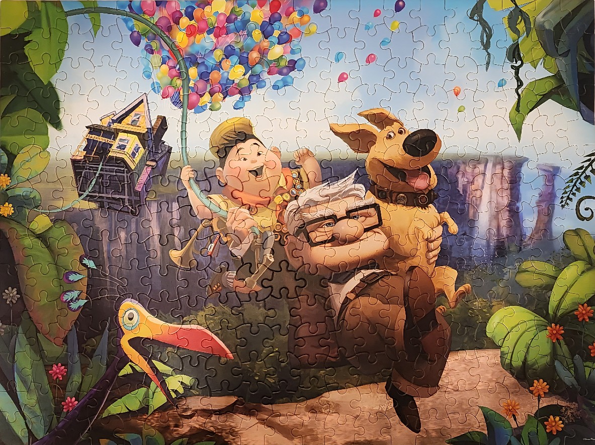 Cartoon illustration of an elderly man, a boy scout, and a dog floating near a tropical waterfall with a house above.